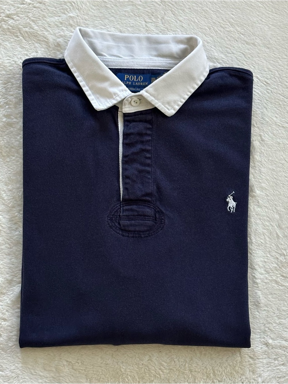 Polo Ralph Lauren Blue Rugby Shirt Mens XXL Classic Fit Long Sleeve White Pony